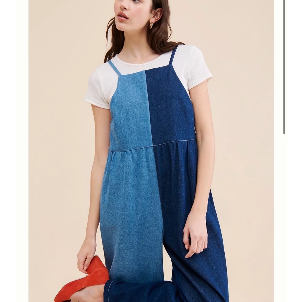 Rita Row Denim Colorblock Jumpsuit Womens XS/S Sleeveless Retro Funky Wide Leg